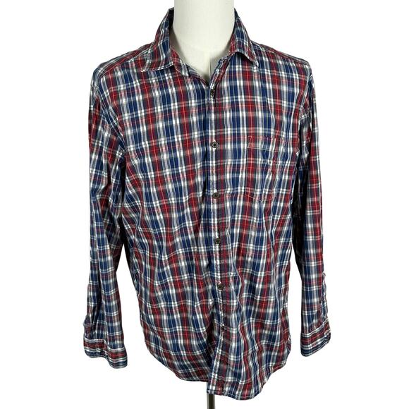 GH Bass & Co Mens Long Sleeve Red Navy Button Down Shirt Large Casual Plaid - Picture 1 of 4